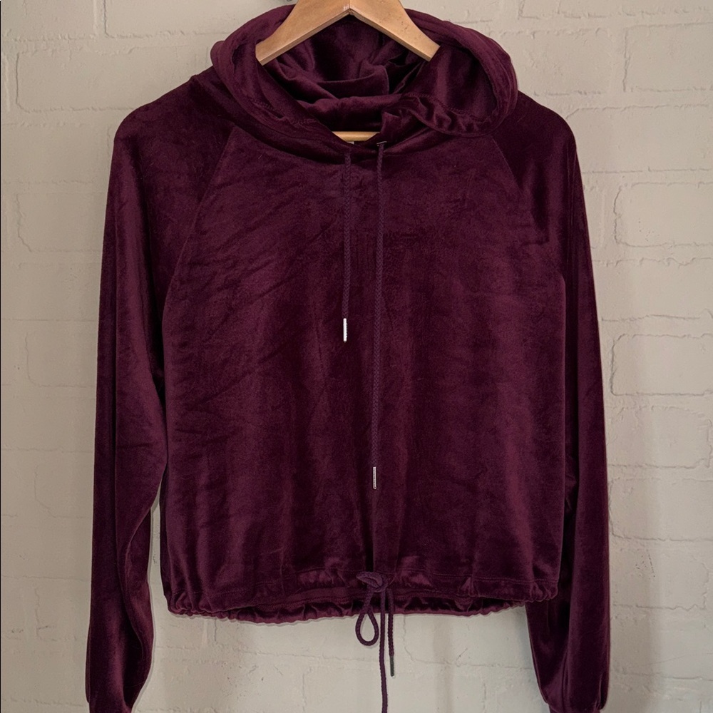Garage velour cropped long sleeve hoodie Plush Burgundy large drawstring soft